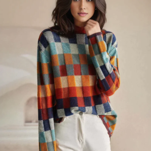 Maglione donna a quadri colorato in lana con collo alto