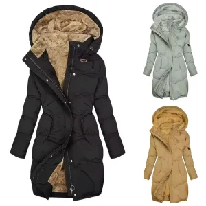 Cappotto lungo donna in cotone con cappuccio, caldo e antivento
